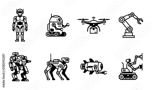Obraz na plátně Robot Icons Set: Futuristic Android, Droid, Drone, Robotic Arm, Mech Suit, Quadr