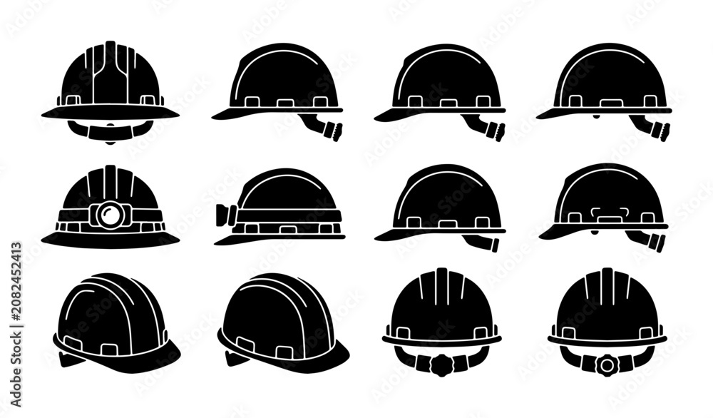 Fototapeta premium Industrial Safety Helmets, Hard Hats Collection, Protective Headwear Set, Construction Work Gear Icons