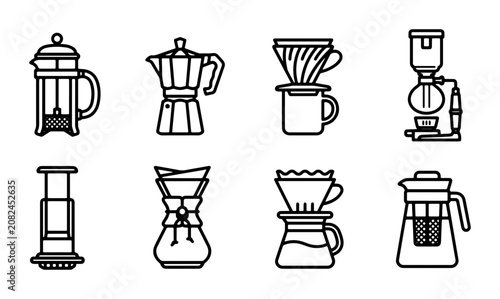Foto Coffee Brewing Methods Icons: French Press, Moka Pot, Pour Over, Siphon, AeroPre