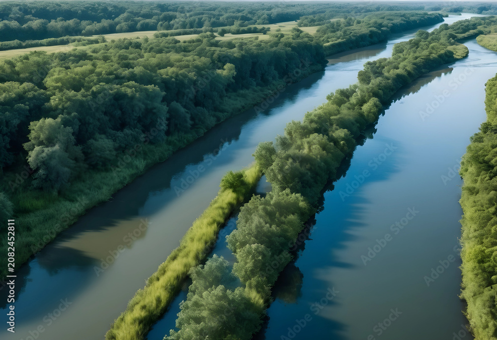 Fototapeta premium Aerial view of winding river with lush green trees