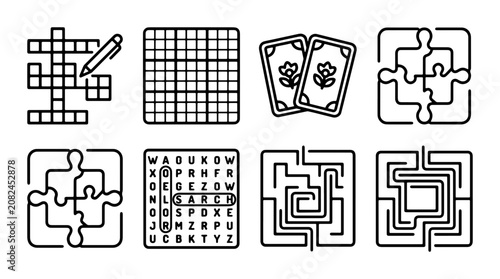 Puzzle Icons Set: Crossword, Grid, Cards, Jigsaw, Word Search, Maze Vector Graphics for Games and Leisure