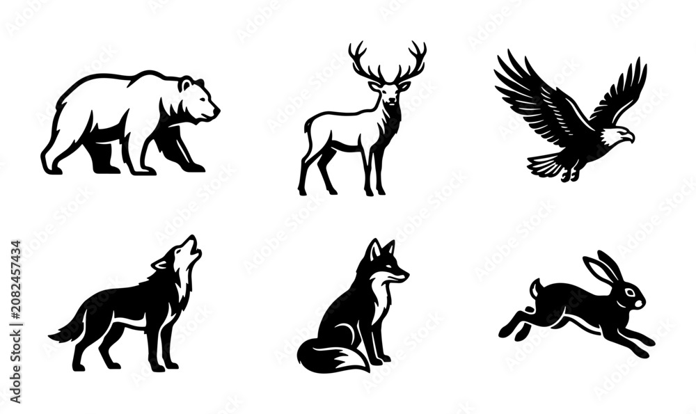 Obraz premium Wild Animal Icons Set: Bear, Deer, Eagle, Wolf, Fox, Rabbit Vector Graphics