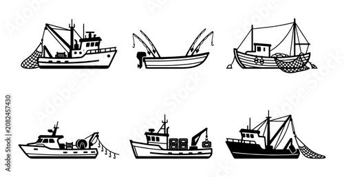 Obraz na plátně Fishing Boat Icons Set: Trawler, Cutter, Net Vessels, Marine Transport, Nautical