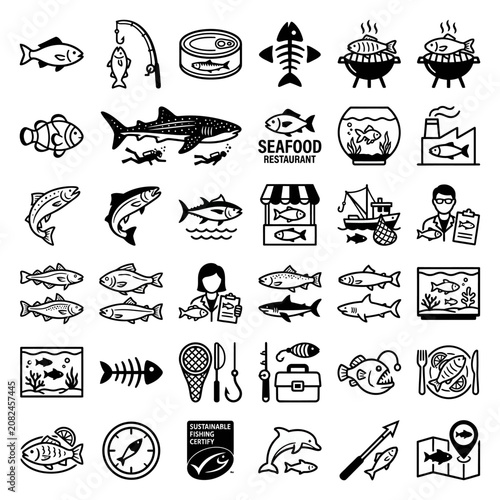 Fotografía Fishing and Seafood Icons Set: Fish, Ocean Life, Restaurant & Sustainability
