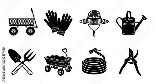 Canvas Print Gardening Tools Vector Icons: Wagon, Gloves, Hat, Watering Can, Trowel, Hose, Pr