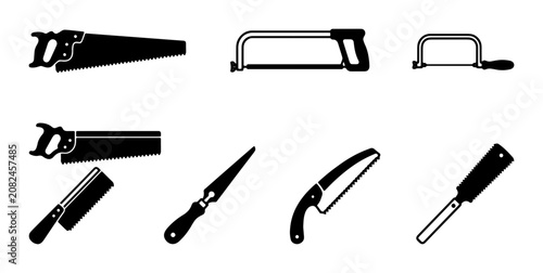 Fotografi Collection of Black Saw and Blade Icons, Carpentry Tools, Metalworking Equipment