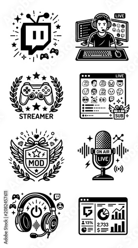 Gaming Streamer Icons: Twitch, Controller, Microphone, Headset, Analytics