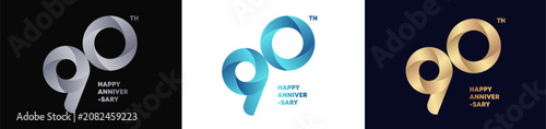 90th Logo Anniversary with abstract twist consept, Happy Anniversary with Colorful Gradient, Luxury Gold and Elegant Silver. Editable vector