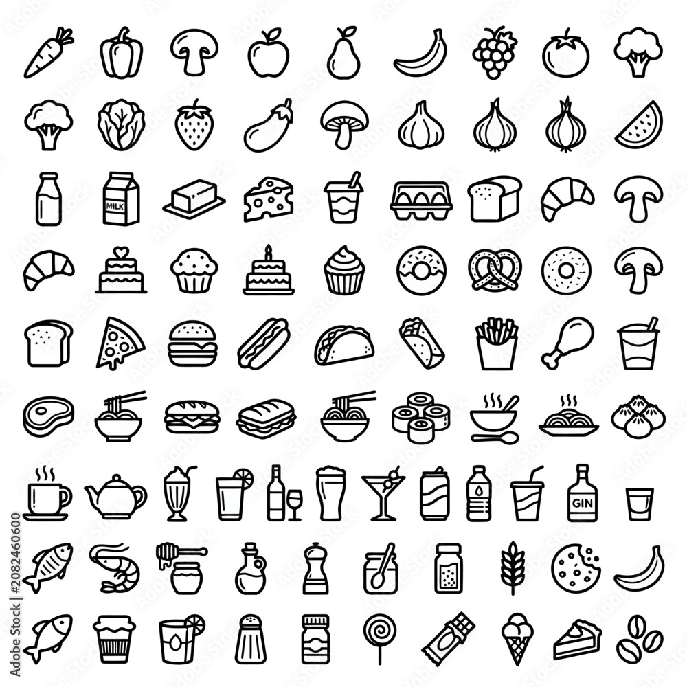 Naklejka premium Comprehensive set of food and drink line art icons. Diverse collection featuring fruits, vegetables, meals, snacks, desserts, and beverages for menus or apps.