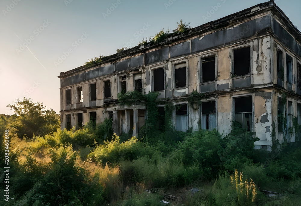 Fototapeta premium Old abandoned building overgrown with vegetation at golden hour