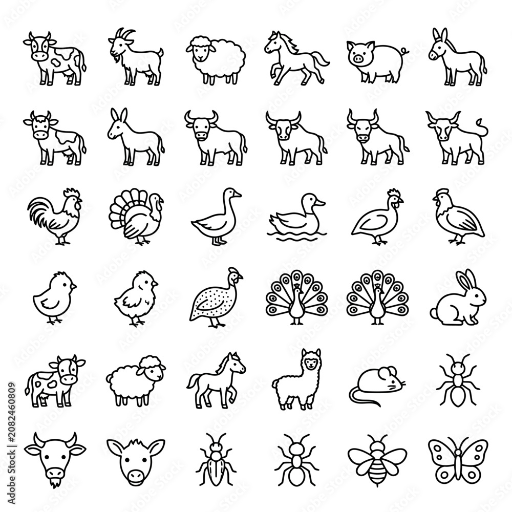 Fototapeta premium Farm Animals, Birds, Mammals, and Insects Line Icons Vector Set. Collection of Outline Cartoon Graphic Symbols for Livestock, Wildlife, and Nature.