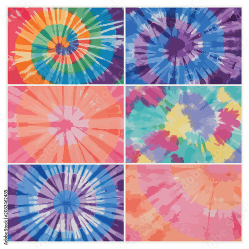 Tie dye background set with colorful swirl spiral pattern for retro poster design