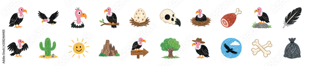 Fototapeta premium Collection of colorful crayon-drawn vulture and desert-themed icons, featuring various poses, a cactus, sun, mountains, and other related elements