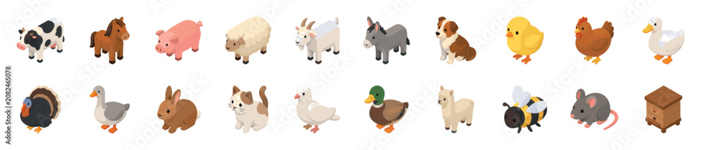 Fototapeta premium Diverse collection of isometric farm animals and related objects, including a cow, horse, pig, sheep, goat, donkey, dog, chick, hen, duck, turkey, goose, rabbit, cat, pigeon, mallard, llama,