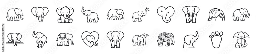 Fototapeta premium Collection of various simple black outline elephant icons in different poses and styles, including a baby elephant, an elephant head, and an elephant with a decorative pattern