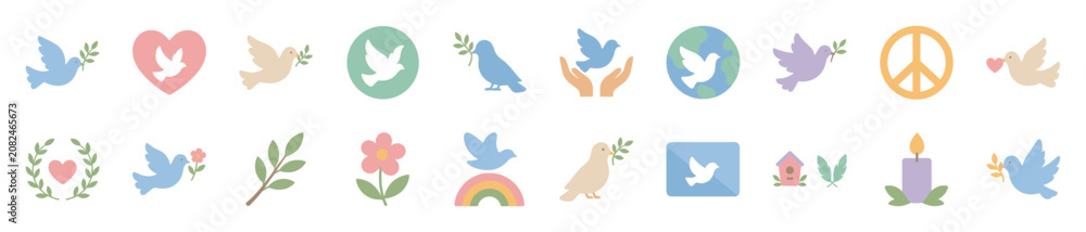 Fototapeta premium Collection of pastel-colored peace and love icons, featuring doves, hearts, olive branches, and a peace sign