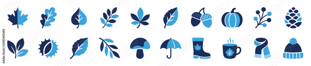 Fototapeta premium Various blue and dark blue autumn-themed icons are neatly arranged in two rows, featuring leaves, acorns, pumpkins, and winter accessories