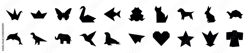 Fototapeta premium Collection of various black origami-style silhouettes of animals, objects, and symbols arranged in two rows