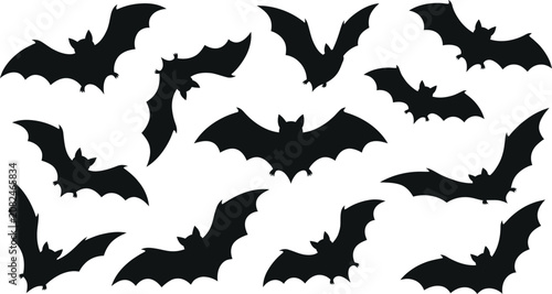 Halloween Bat Silhouette Icon Collection – Flying Bat Outline Shapes, Spooky Black Vector Set