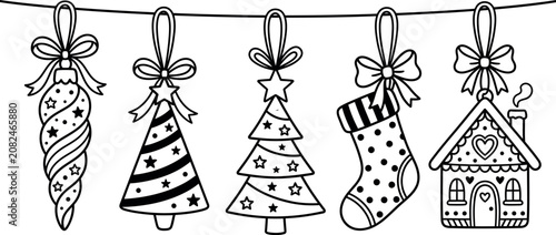 Christmas Holiday Outline Icon Set – Minimal Line Art Collection with Ornament, Christmas Tree, Stocking & Gingerbread House