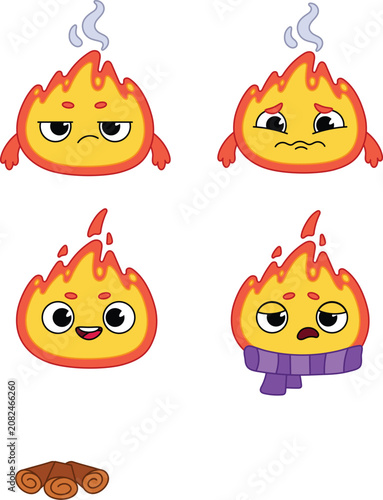 Tablou pe pânză Cute Cartoon Fire Character Expressions Set with Funny Mascot Emotions