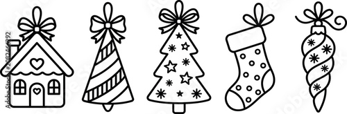 Christmas Outline Icon Collection – Minimal Holiday Line Art Set with Gingerbread House, Tree, Stocking & Ornaments