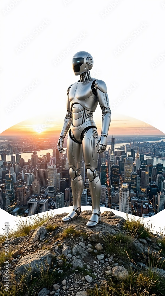Naklejka premium Silver humanoid robot standing on rocky outcrop overlooking city at sunset