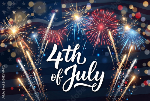 4th of July fireworks celebration, patriotic night sky, festive, American flag background