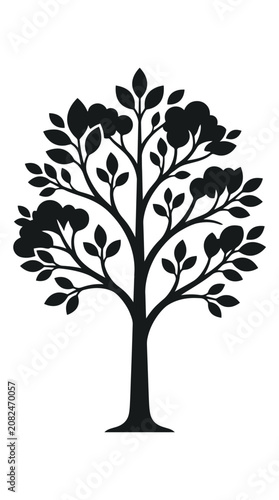 Black silhouette of a stylized tree with lush foliage and branches