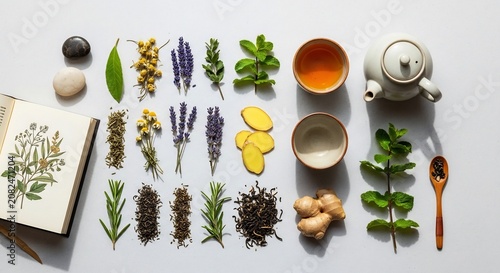 Herbal tea ingredients and spices flatlay.