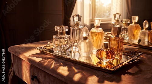 luxury fragrance display, a collection of elegant perfume bottles in varying heights casting shadows