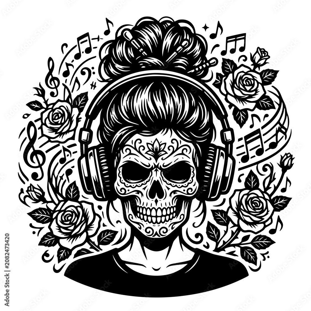 Fototapeta premium Messy Bun Girl Skull Skeleton Face with Headphones Surrounded by Musical Notes and Roses in Black and White Illustration