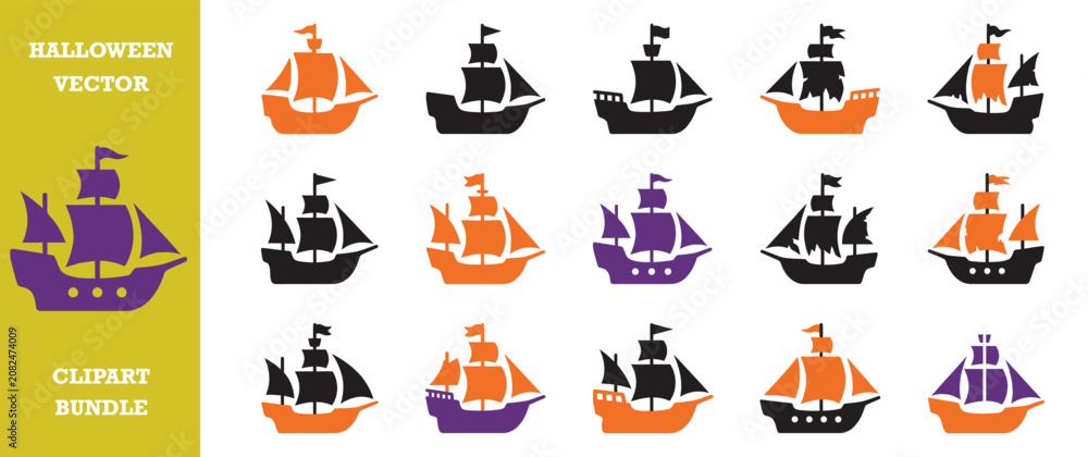 Fototapeta premium Collection of halloween ghost ship vector illustrations isolated on a white background.