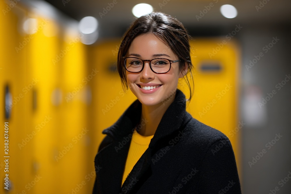 Obraz premium Smiling female professional holding a cardboard parcel with modern office interior background.