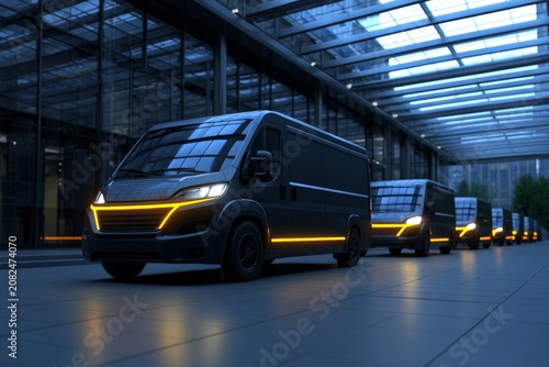 Fleet of electric commercial delivery vans parked at a modern logistics hub at dusk.