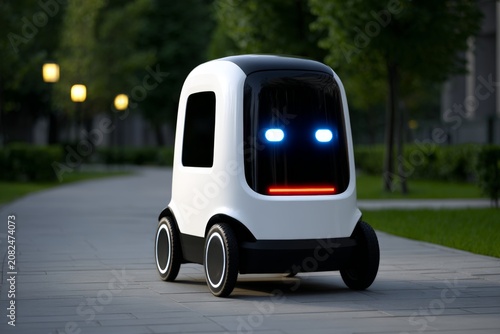 AAutonomous delivery robot navigating a clear city sidewalk at dusk.