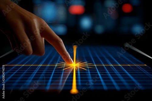 Close-up of a human finger pointing at a glowing digital network interface.