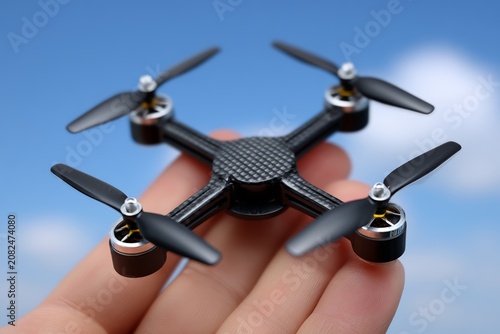 Close-up of a mini quadcopter drone resting on a human palm.