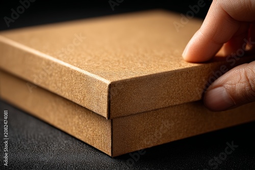 Close-up of a hand opening a blank brown cardboard box lid.