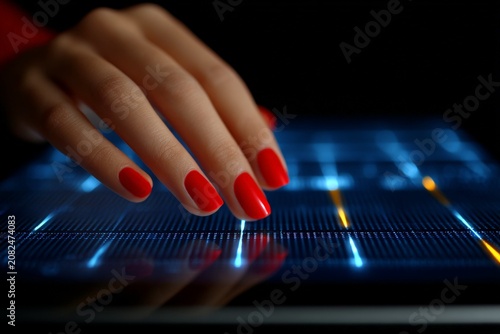 Person touching a glowing digital network of interconnected data nodes.
