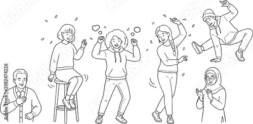 Diverse happy people vector line art character set celebrating dancing jumping and clapping at party or festive event.