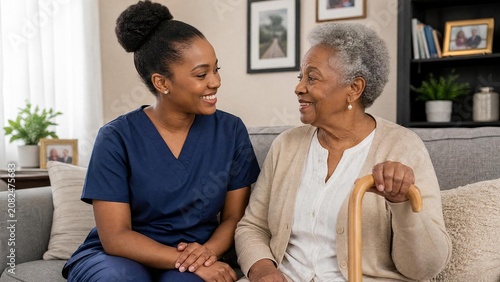 African American Caregiver Smiling at Senior Woman with Cane in Home Setting