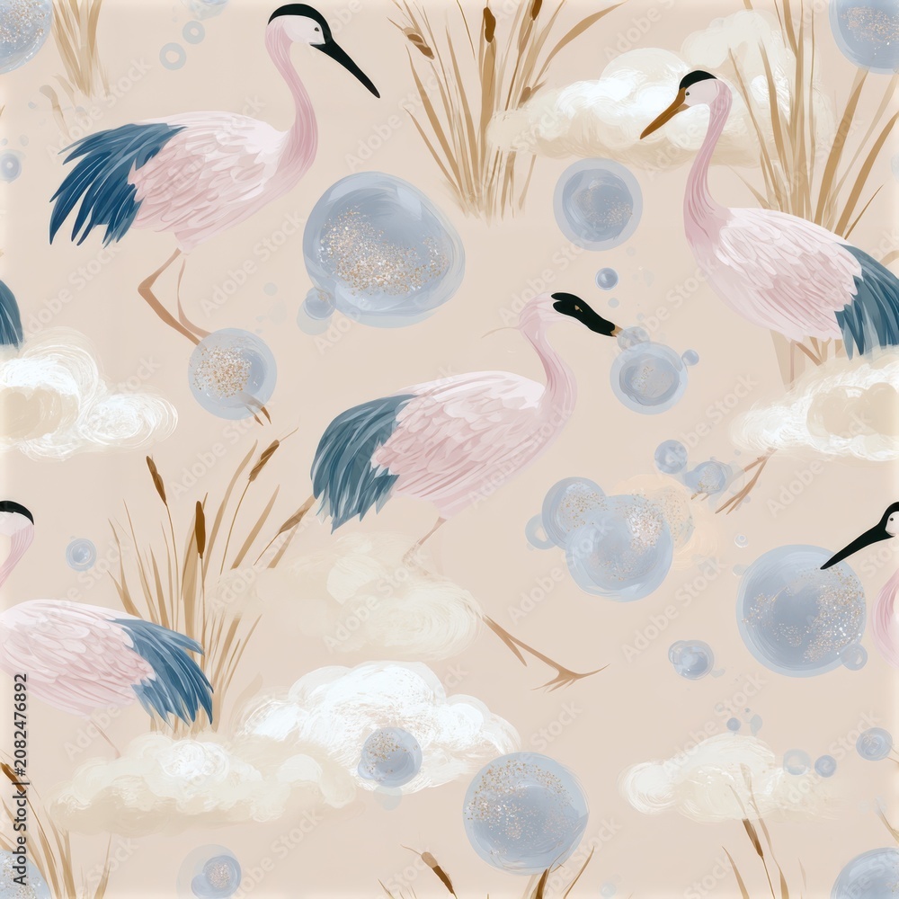 Fototapeta premium Elegant Cranes and Bubbles Seamless Pattern with Reed and Clouds Design