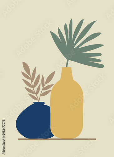 Minimalist bohemian still life artwork with vases and botanical elements for modern interior poster prints.