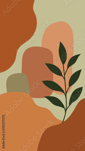 Contemporary organic abstract background with earth tones shapes and botanical branch for social media stories.