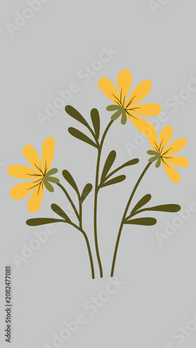 Simple floral branch illustration with yellow blooming flowers suitable for greeting cards and textile designs.
