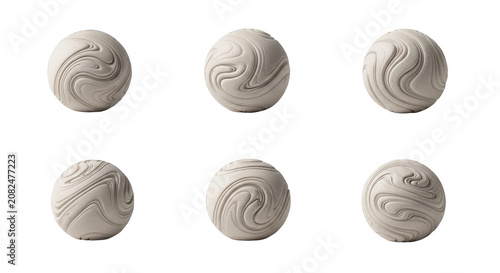 six swirling abstract sculptures of spheres are isolated on a plain white background artistic design or decorative product promotion