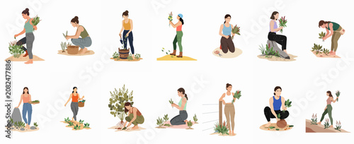 Konstfotografi Flat illustration set of women engaged in gardening, foraging, and harvesting herbs and plants outdoors