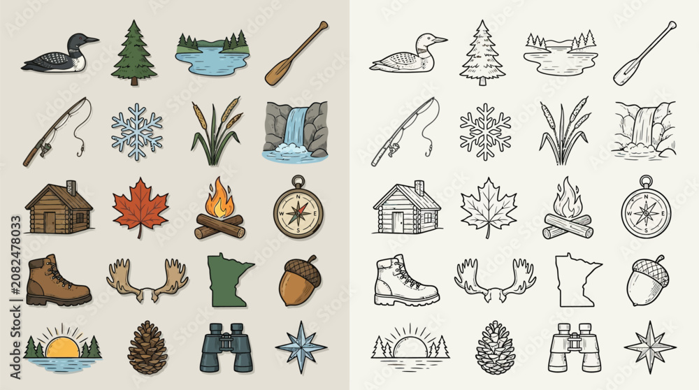Naklejka premium Collection of Outdoor and Nature Icons for Camping and Recreation.