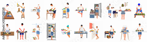 Bild auf Leinwand Set of flat illustrations showing people preparing, organizing, and storing healthy meals in containers for meal prep at home